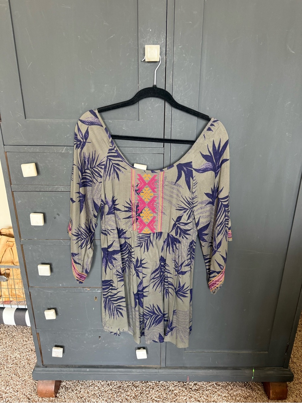 Roxy Olive Tunic with Navy Leaf Print and Pink Embroidery